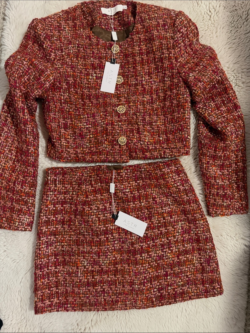 Astr Two-Piece Red Multicolor Tweed Cropped Jacket and Mini Skirt Set